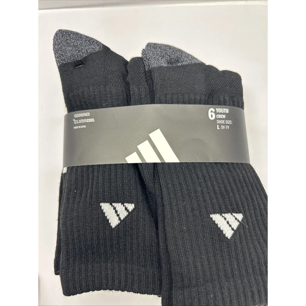 Adidas Youth Athletic Cushioned 6 Pack Crew Socks Black Large 5Y-7Y New